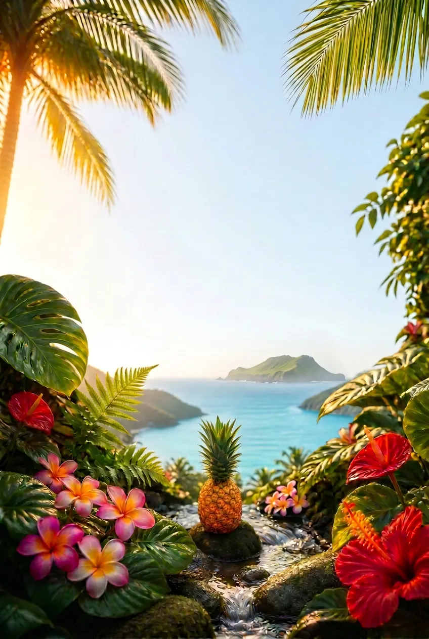 A hidden tropical garden with a pineapple, plumeria and hibiscus overlooking the ocean
